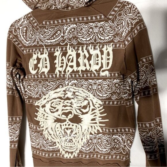 Vintage Y2K Ed Hardy Brown Cream Tiger Paisley Bandana Print Stripe Zip Hoodie M - Picture 6 of 15